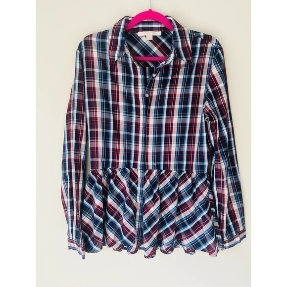 Boston Proper long sleeve plaid button down with ruffled‎ bottom sz 12 - Picture 1 of 8